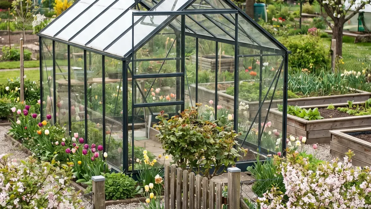 Gewächshaus mit Tomaten und Gurken im Selbstversorger-Garten