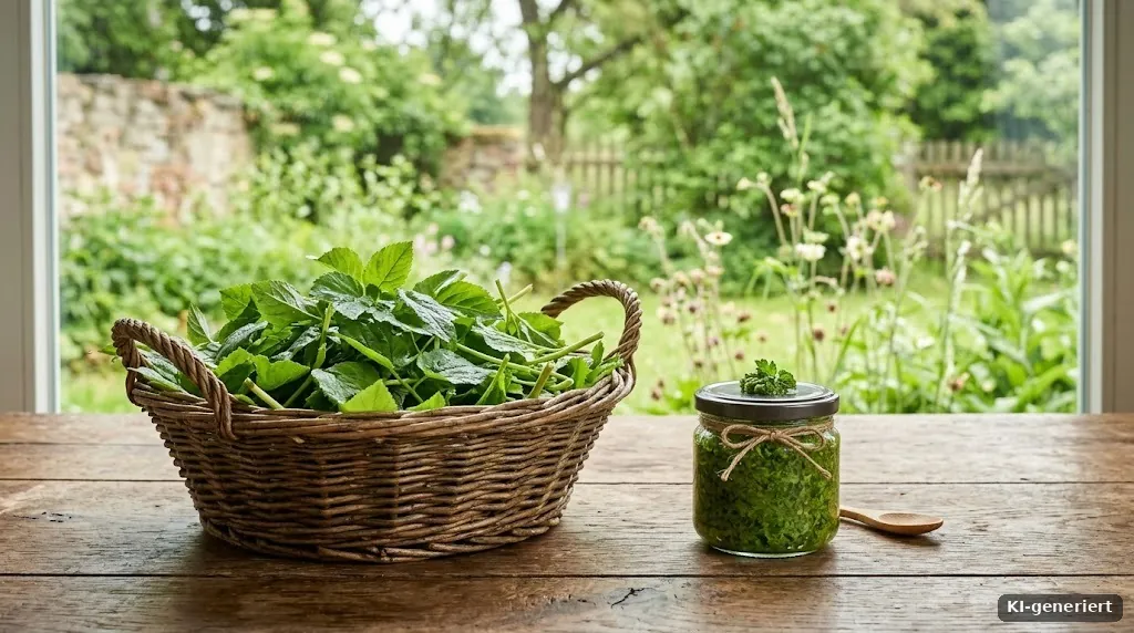 Gierschblätter in einem Korb neben einem Pesto-Glas