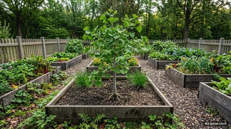 Junger Ginkgobaum mit fächerförmigen Blättern im Garten