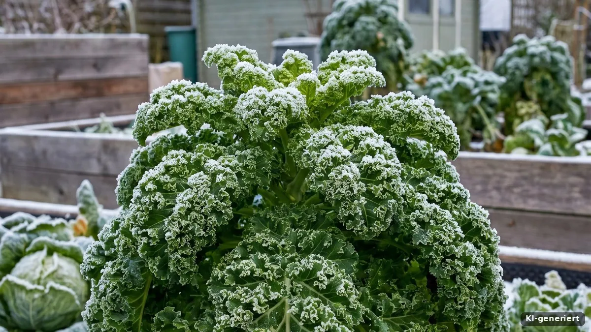 Grünkohl im Winterbeet mit Schnee