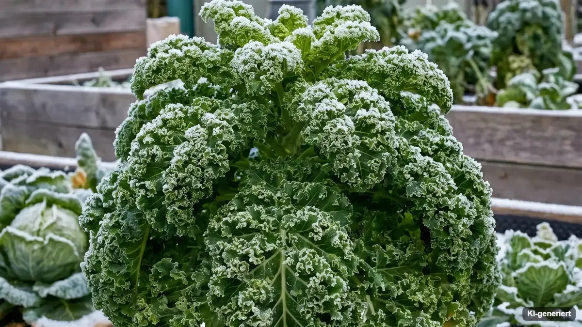 Krause Grünkohlpflanzen mit Raureif im winterlichen Gemüsebeet