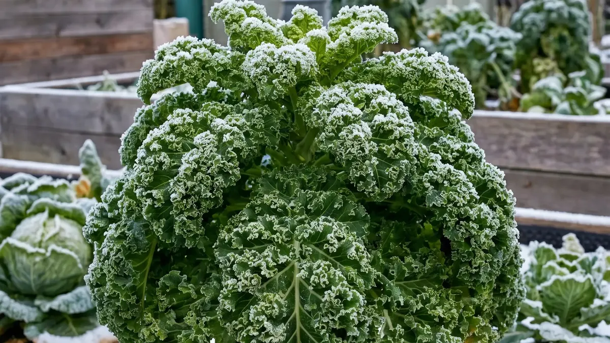 Krause Grünkohlpflanzen mit Raureif im winterlichen Gemüsebeet
