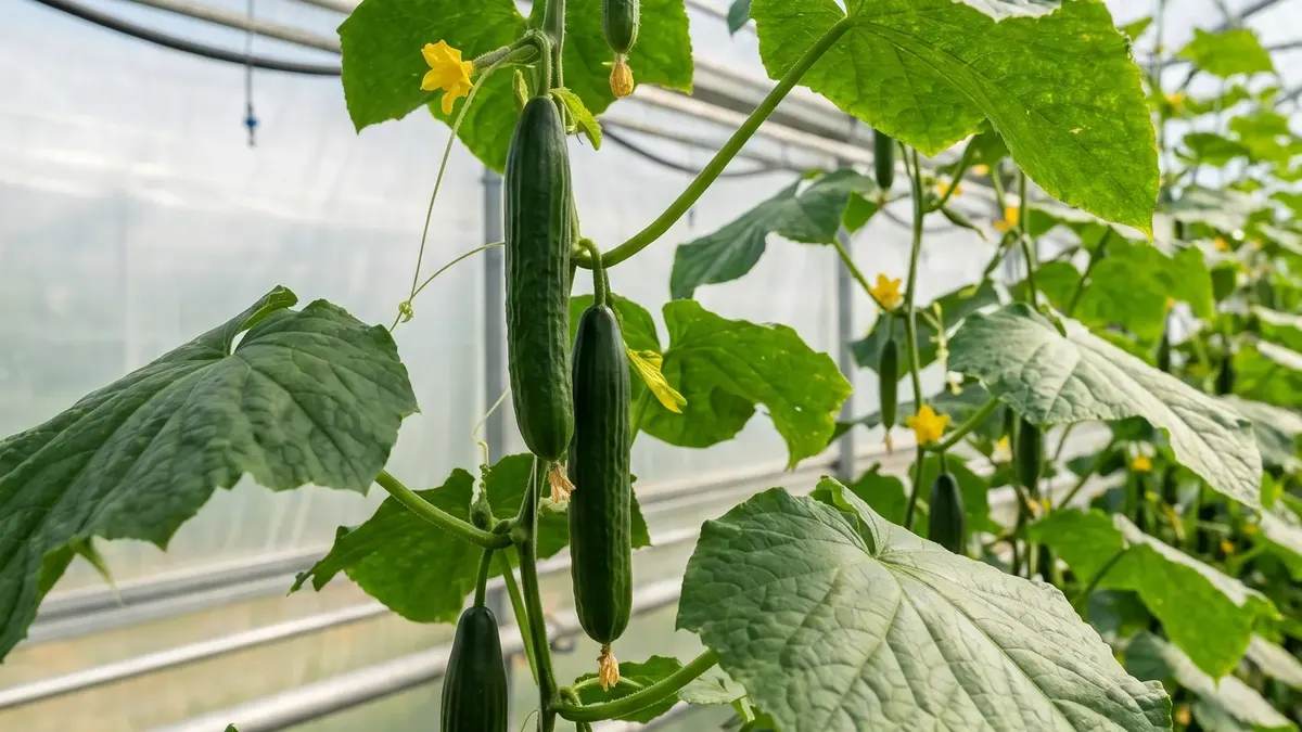Gurkenpflanzen an einem Rankgitter mit jungen Gurken und gelben Blüten