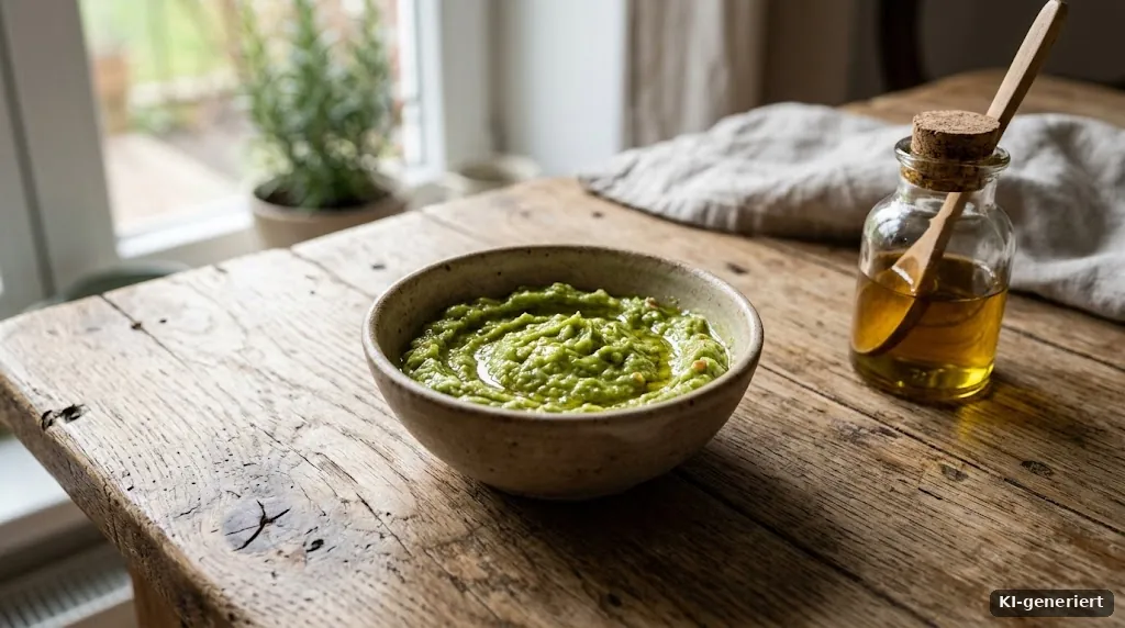 Schälchen mit Haarkur aus Olivenöl und Avocado auf einem Holztisch
