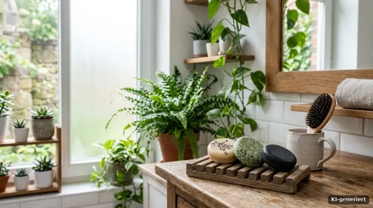 Runde feste Shampoostücke auf einem Seifenkorb aus Holz, Badezimmer mit Pflanzen