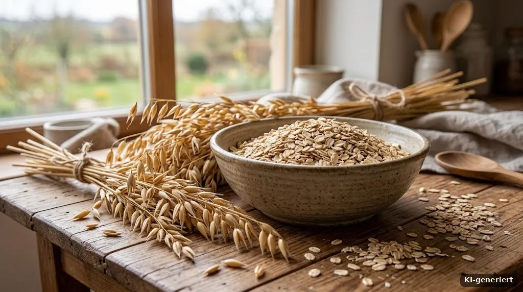 Haferflocken und Haferrispen auf einem Holztisch