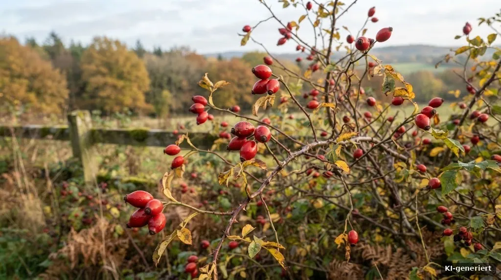 Rote Hagebutten an einem Wildrosenstrauch im Herbst