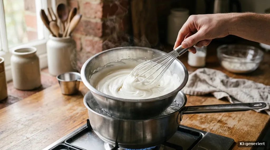 Rührschüssel mit weißer Creme und ein Schneebesen über einem Wasserbad