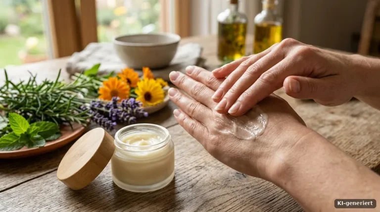 Hände verreiben etwas Creme, im Hintergrund ein Glastiegel und frische Kräuter