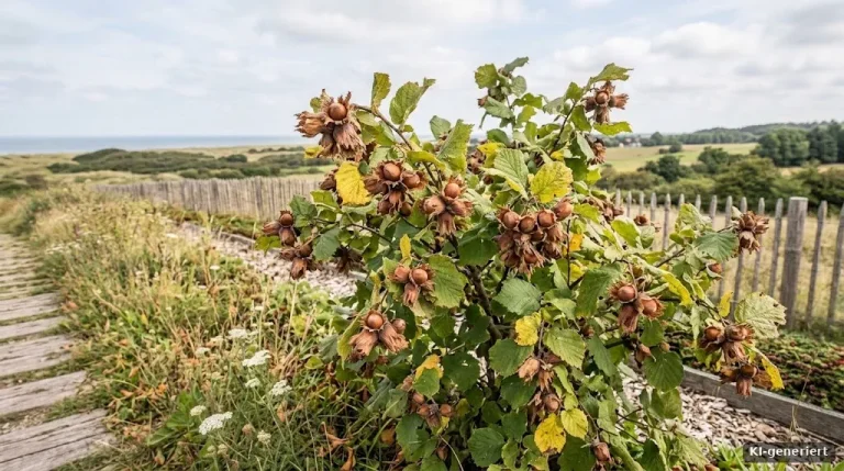 Haselnussstrauch mit reifen Nüssen im Spätsommer