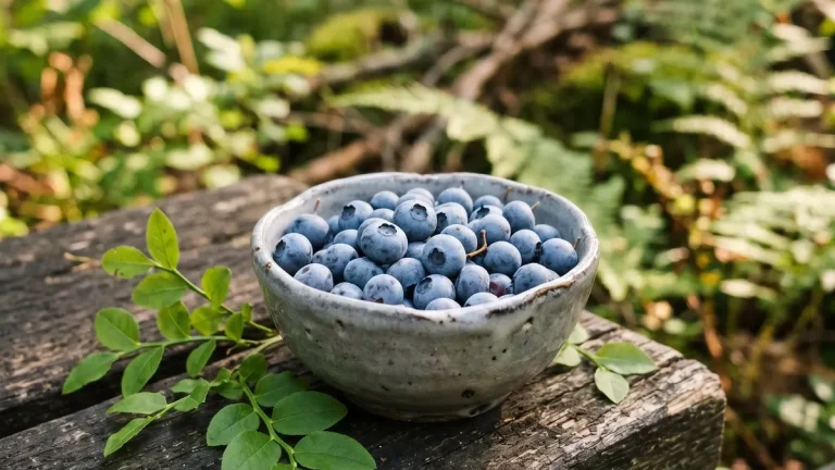 Kulturheidelbeerstrauch mit reifen blauen Beeren in einem Beet mit Rindenmulch