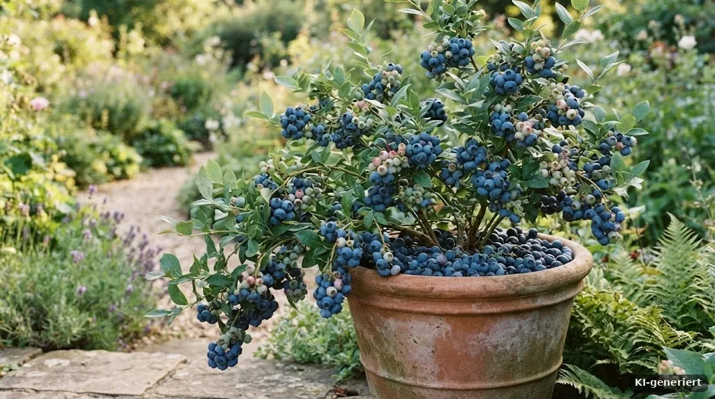 Kulturheidelbeeren in einem Kübel mit Beeren