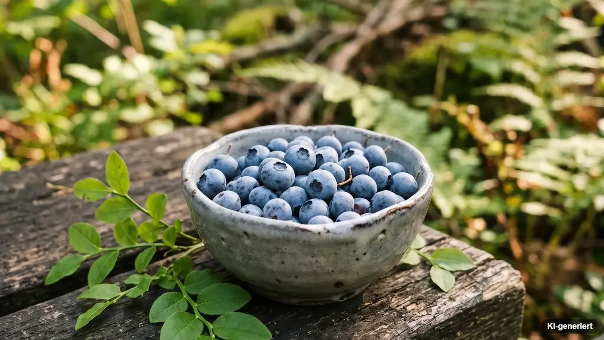 Kulturheidelbeerstrauch mit reifen blauen Beeren in einem Beet mit Rindenmulch