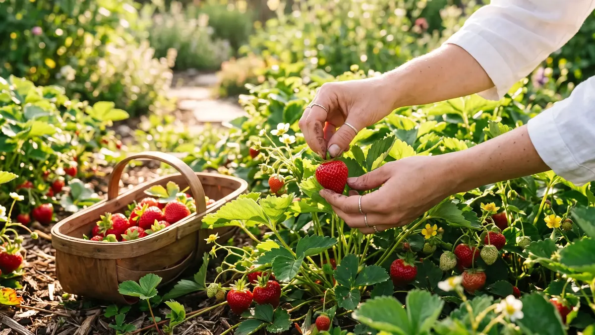 Reife rote Himbeeren an Ruten, die an einem Drahtgerüst im Garten aufgebunden sind