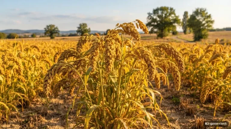 Rispenhirse mit überhängenden goldenen Rispen im Spätsommer