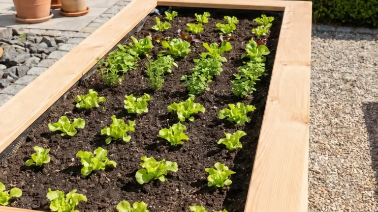 Hochbeet aus Lärchenholz mit Schichtfüllung im Querschnitt und jungen Gemüsepflanzen