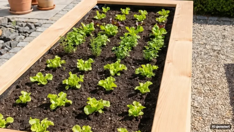 Hochbeet aus Lärchenholz mit Schichtfüllung im Querschnitt und jungen Gemüsepflanzen