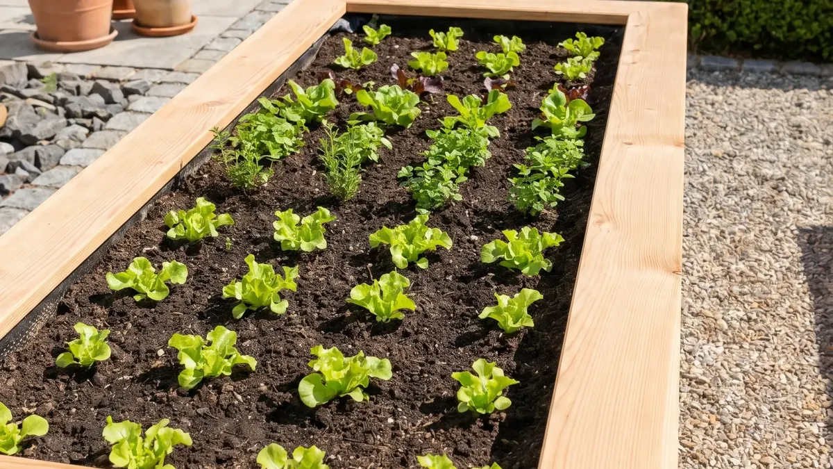 Hochbeet aus Lärchenholz mit Schichtfüllung im Querschnitt und jungen Gemüsepflanzen