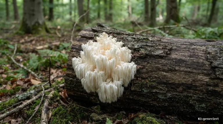 Igelstachelbart-Pilz mit weißen, herabhängenden Stacheln an einem Buchenholzstamm