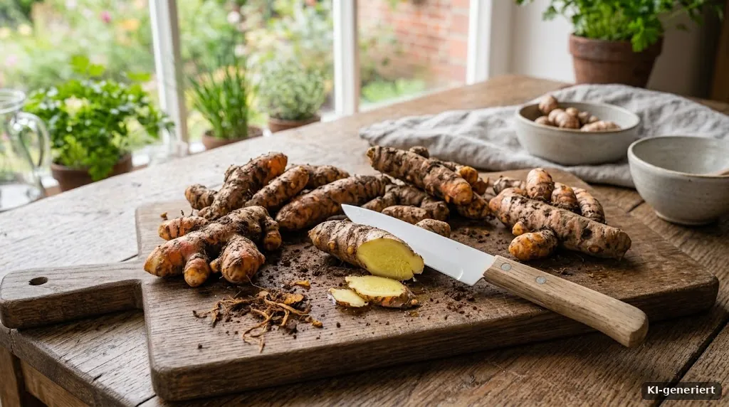 Frische Ingwerrhizome mit Erde auf einem Holzbrett