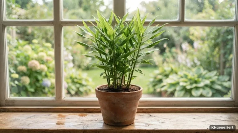 Ingwerpflanze mit schmalen Blättern in einem Topf auf der Fensterbank