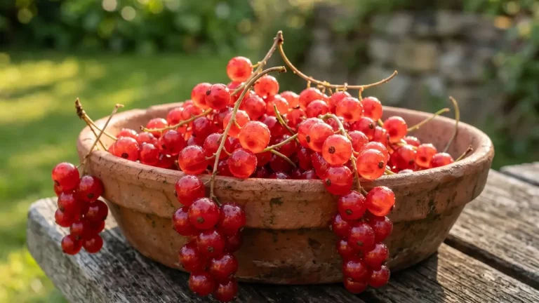Rote Johannisbeeren in langen Trauben an einem Strauch im Nutzgarten