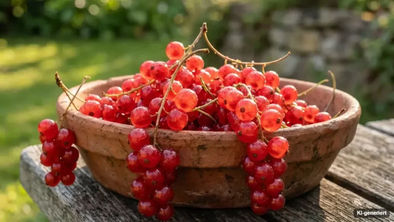Rote Johannisbeeren in langen Trauben an einem Strauch im Nutzgarten