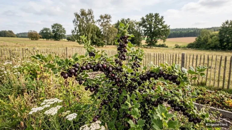 Jostabeerenstrauch mit dunklen Beeren im Sommer