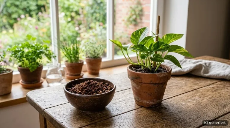 Getrockneter Kaffeesatz in einer Schale neben einem Blumentopf