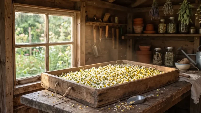 Blühende Echte Kamille mit weißen Zungenblüten und gelber Mitte im Kräuterbeet