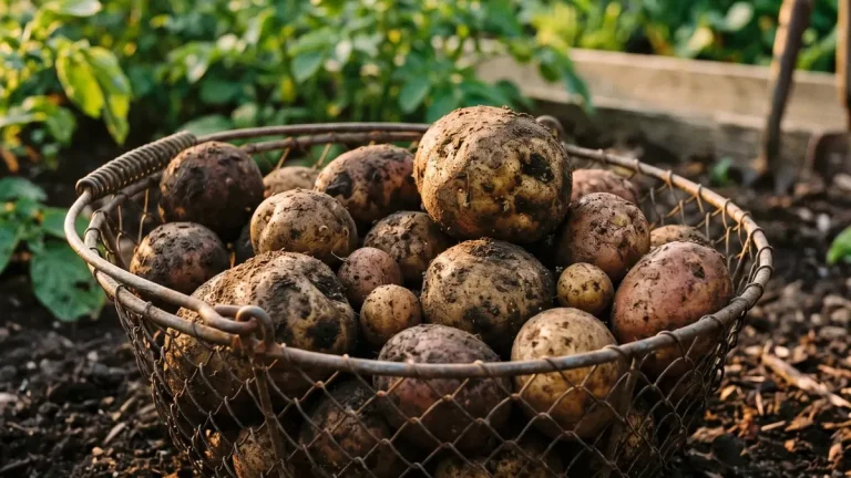 Frisch ausgegrabene Kartoffeln mit Grabegabel auf dem Gartenbeet