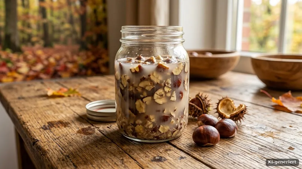 Zerkleinerte Kastanienstücke in einem Glas mit milchig-trübem Wasser, Holztisch, Herbstlicht