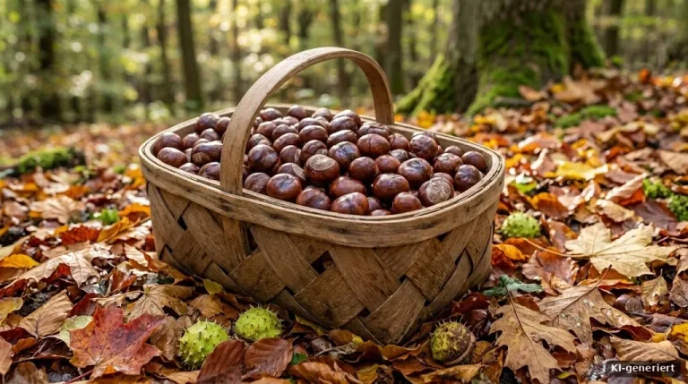 Glänzende Rosskastanien in einem Holzkorb auf Herbstlaub