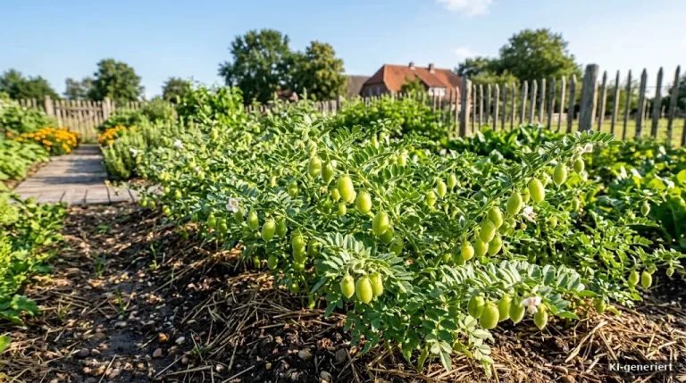 Kichererbsenpflanzen mit Hülsen im sonnigen Beet
