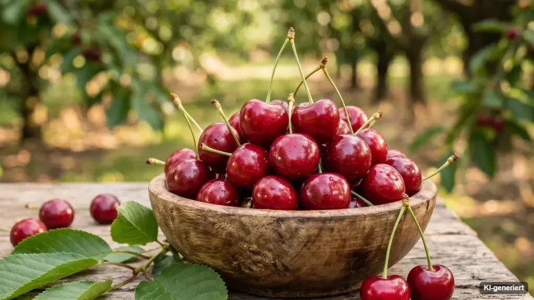 Kirschbaum mit reifen roten Süßkirschen an einem sonnigen Sommertag