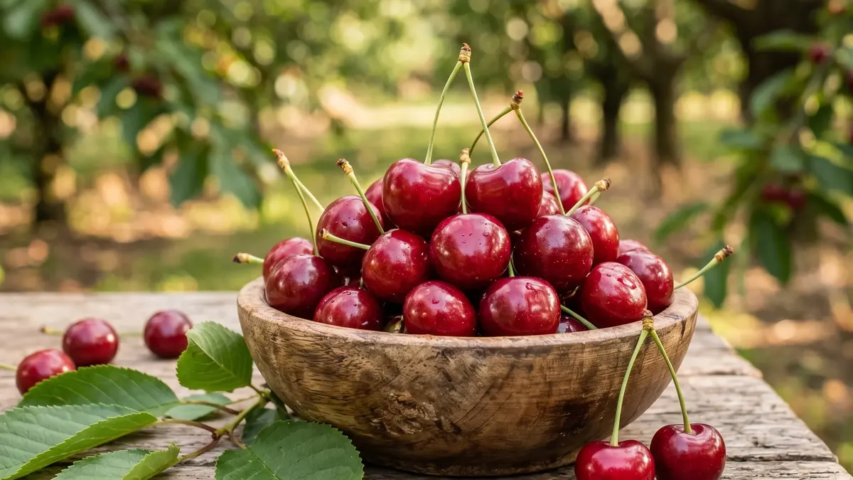Kirschbaum mit reifen roten Süßkirschen an einem sonnigen Sommertag