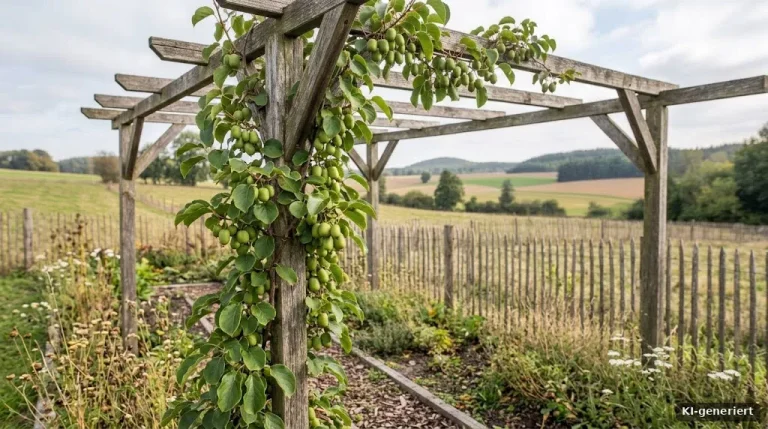 Kiwibeerenranke mit kleinen grünen Früchten an einer Pergola