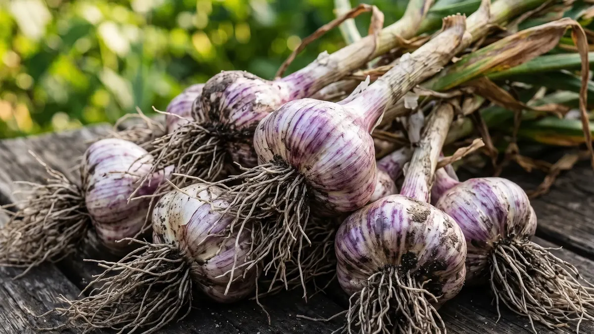 Knoblauchpflanzen mit langen grünen Blättern in einer Beetreihe