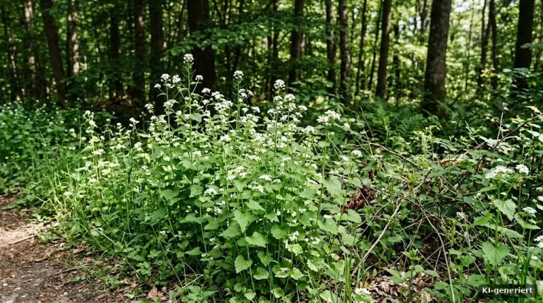 Blühende Knoblauchsrauke am Waldrand