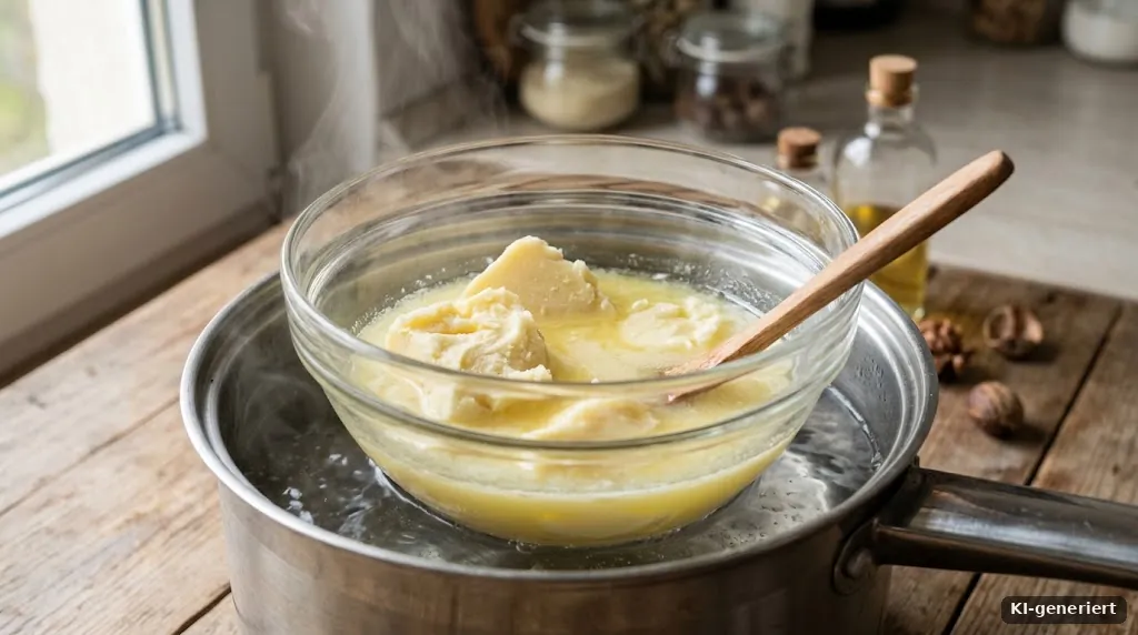 Schmelzende Sheabutter in einer Glasschüssel über einem Topf mit Wasser