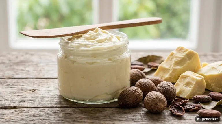 Aufgeschlagene weiße Körperbutter in einem Glasgefäß, daneben Sheanüsse und Kakaobutter