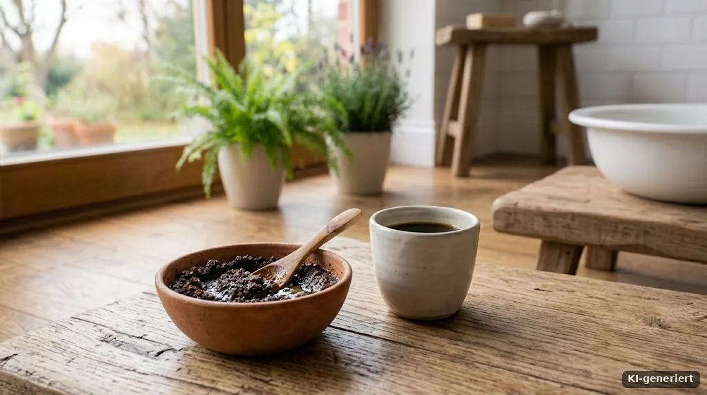 Kaffeesatz-Peeling in einer Schale neben einer Kaffeetasse