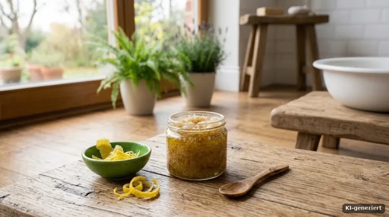 Glas mit braunem Zuckerpeeling und Olivenöl, daneben ein Holzlöffel und Zitronenschale
