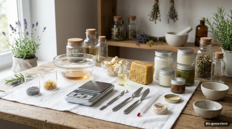Arbeitsplatz für Naturkosmetik: Glastiegel, Waage, Kräuter, Öle und Wachs auf einem Holztisch