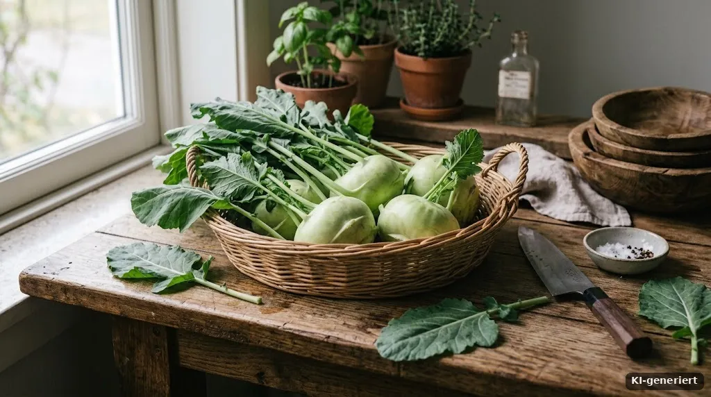 Geerntete Kohlrabi mit Blättern auf einem Holztisch