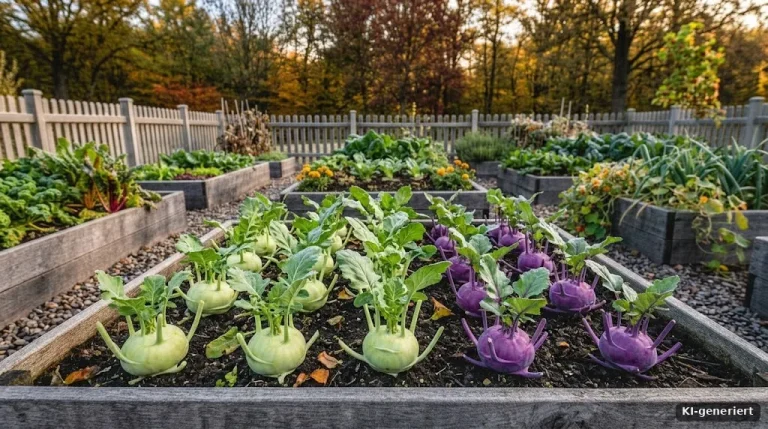 Hellgrüne und violette Kohlrabi im Beet