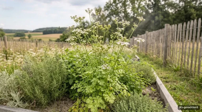 Korianderpflanzen im Beet mit Blättern und ersten Blüten