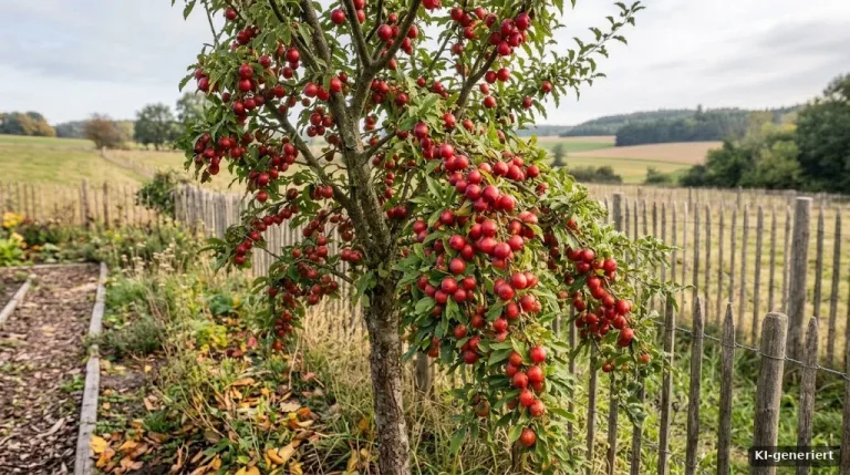 Kornelkirschenstrauch mit roten länglichen Früchten