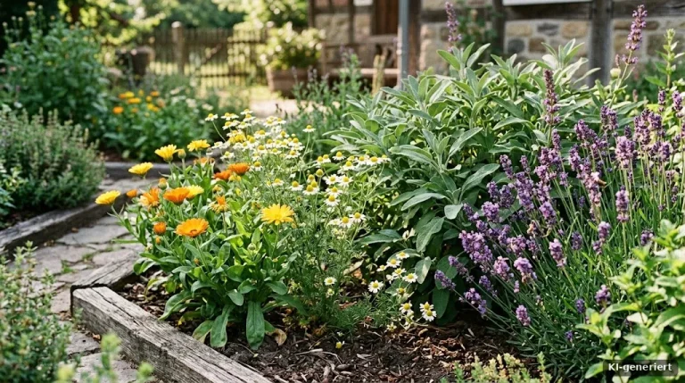 Kräuterbeet mit Ringelblume, Kamille, Lavendel und Salbei im Sonnenlicht