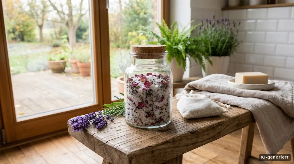 Glas mit Badesalz, gemischt mit getrockneten Rosen- und Lavendelblüten
